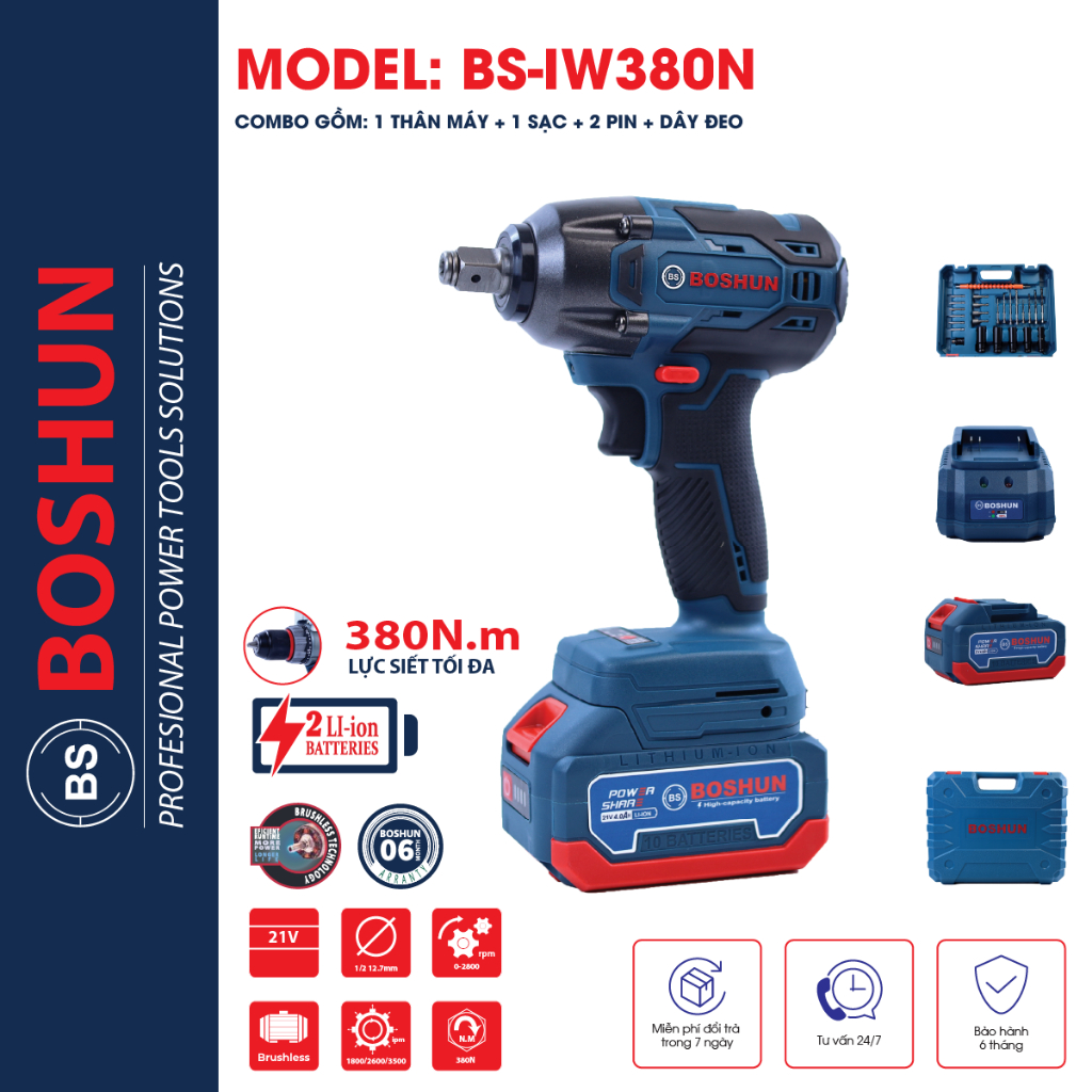 Máy siết bulong BOSHUN IW380N 199V đầu 2 trong 1 Lực siết 380N bảo hành chính hãng TẶNG BỘ PHỤ KIỆN 26 CHI TIẾT