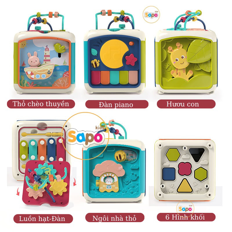 Hộp âm nhạc đa năng cho bé có 6 mặt đàn, nhạc, thả hình được tặng kèm pin + tô vít
