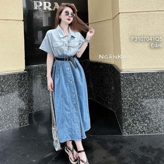 Đầm jean loang màu dáng xòe dài cổ sơ mi tay ngắn kèm đai eo thời trang!