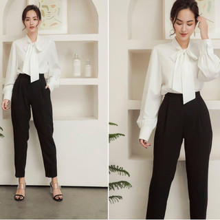 Quần baggy nữ công sở cạp chun sau co giãn vải mưa màu đen dáng dài - Quần vải nữ cạp cao bigsize đi học