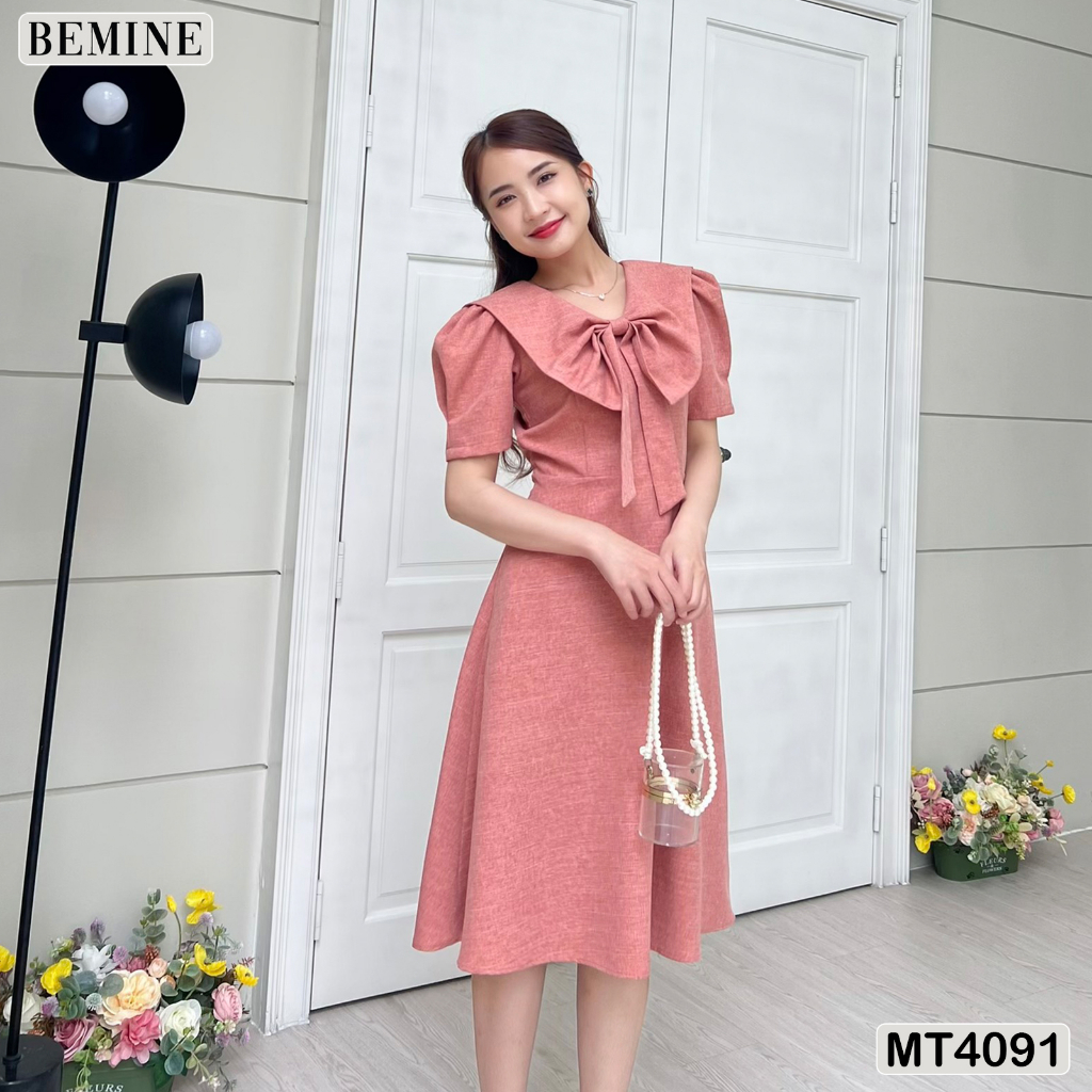 Đầm suông cổ nơ tay xếp li BEMINE MT4091