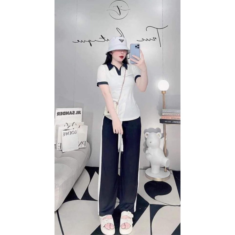 Set Đồ Bộ Nữ Áo Polo Kèm Quần Ống Rộng Kiểu Dáng Thể Thao Siêu Dễ Thương Mặc Ở Nhà, Đi Chơi