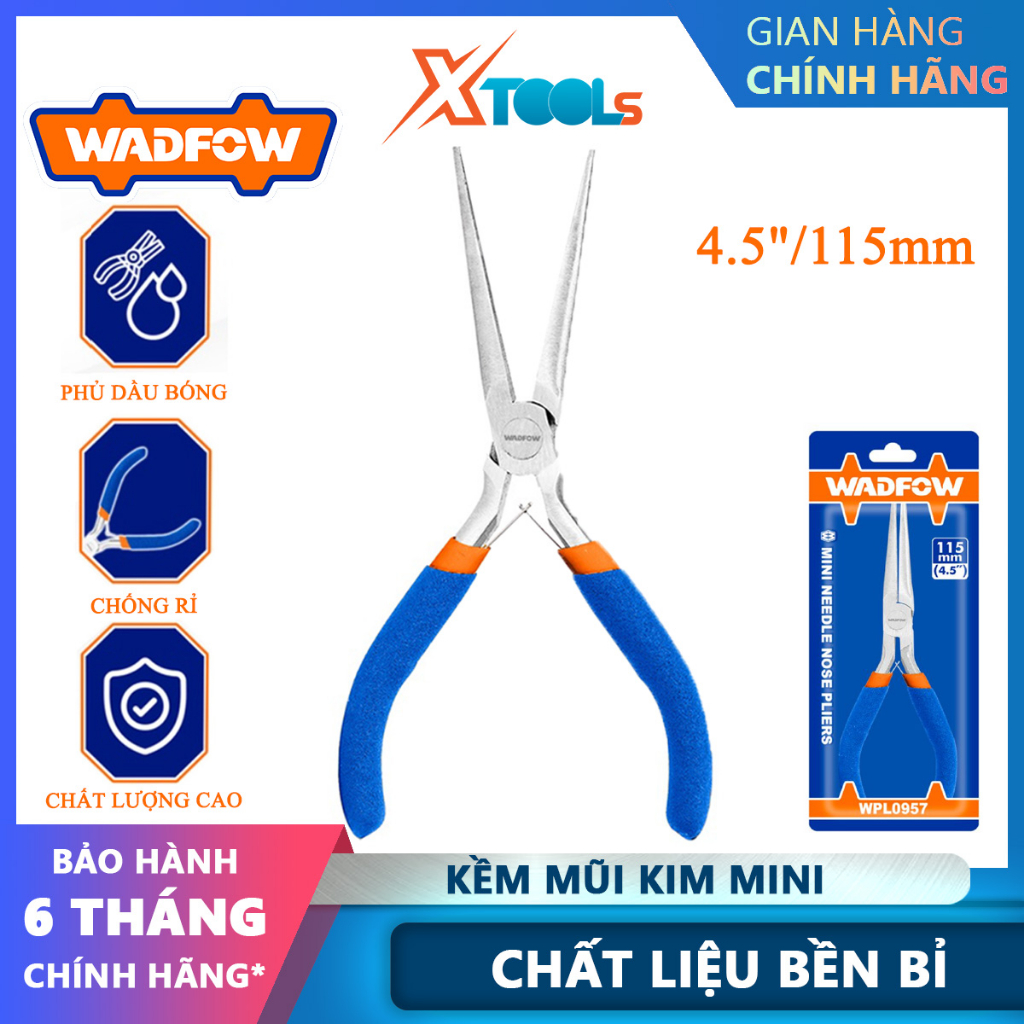 Kềm mũi cong mini WADFOW WPL0957 kích thước 4.5"/115mm, tay cầm nhựa, đầu kềm phủ dầu bóng chống gỉ - chính hãng