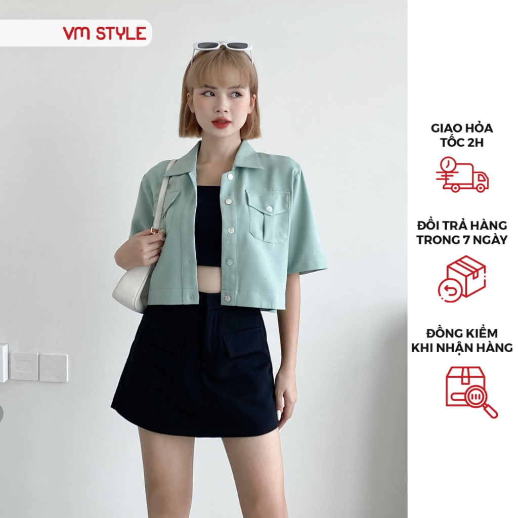 Áo sơ mi kiểu VMSTYLE tay ngắn 2 túi hộp nắp vuông form croptop 10651 SMU00025