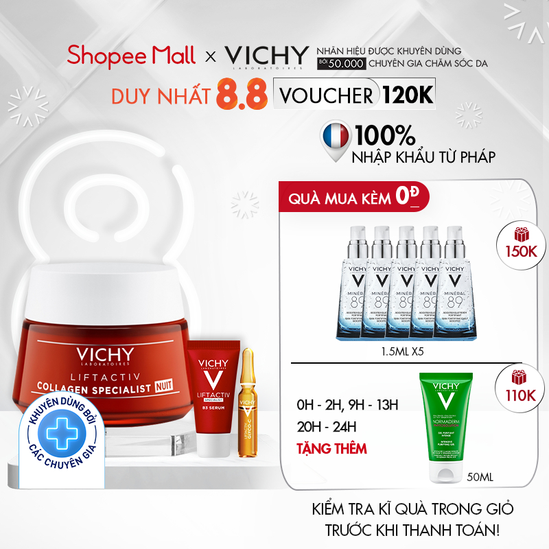 Bộ sản phẩm giảm thâm nám, đốm nâu và dưỡng da, làm sáng da ban đêm Vichy Liftactiv Collagen Specialist nuit
