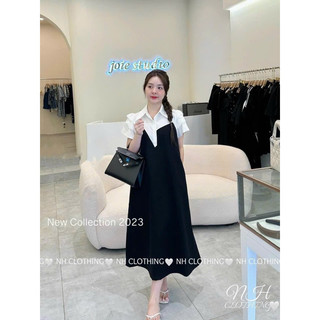 Đầm bầu đen cổ sơ mi công sở cao cấp