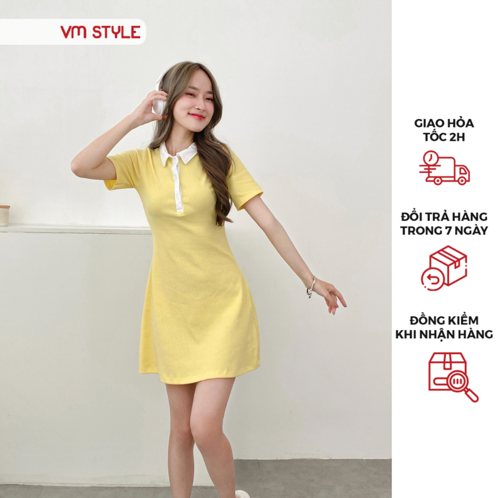 Đầm thun tay ngắn VMSTYLE cổ bẻ nút ngực phối viền trắng nhiều màu 3751 VDT00007