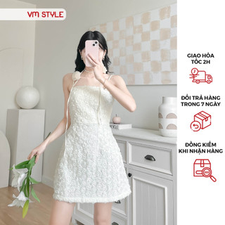 Đầm nữ VMSTYLE dáng ngắn 2 dây họa tiết hoa nổi kèm bông cổ basic 5145 - VDU00413
