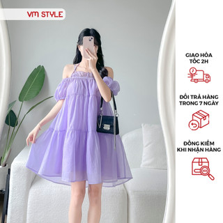Đầm nữ VMSTYLE đi biển 2 dây trễ vai phồng thắt nơ dáng xòe babydoll nhiều màu thời trang mùa hè VM111 - VDU00414