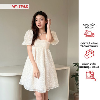 Đầm nữ VMSTYLE babydoll dáng xòe công chúa cột nơ phía sau, xếp li ngực họa tiết hoa nhí 5144 - VDU00429