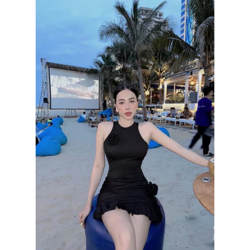 Đầm Body kế Thiết Sát Nách Đính Hoa Ôm Sát Body 3 Màu Đen,Trắng Kem,hồng ,Chất Thun tăm nhuyễn chuẩn L1.kèm 🎁tặng