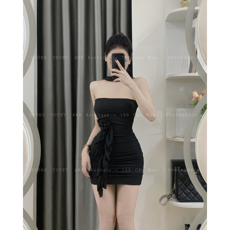 Đầm ống hoa cổ eo tua rua