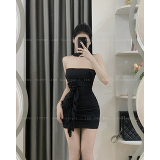 Đầm ống hoa cổ eo tua rua
