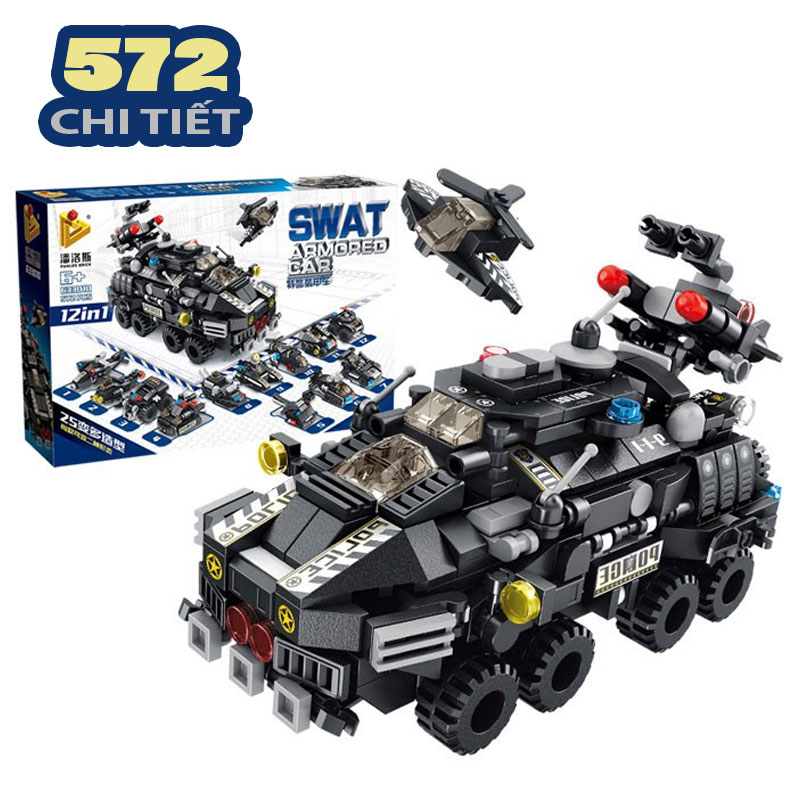 Đồ chơi mô hình lắp ráp trẻ em - Robot biến hình - Siêu xe Thiết Gíap Swat 12 in 1 572 chi tiết - Qùa tặng - Nhựa ABS