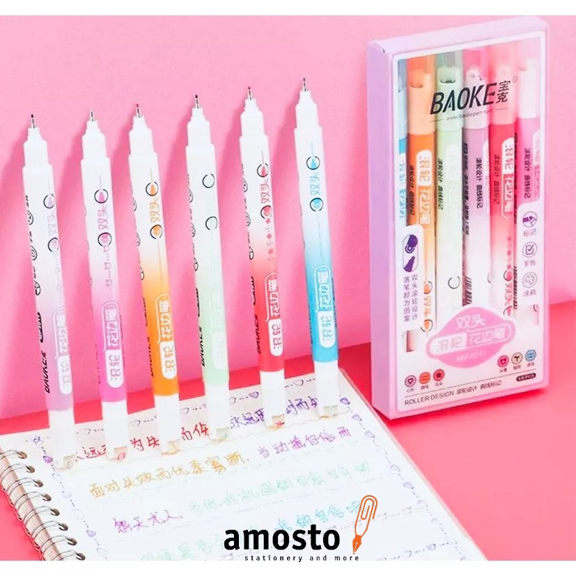 Set 6 Bút Dual Marker Highlight Extra Fine Line Pen & Curved Shapes Pen/ Đầu Lông Kim & Đầu Con Lăn Baoke MP4911