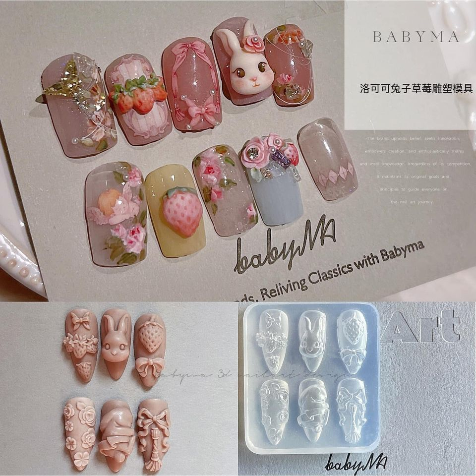 Thỏ & Dâu Tây - Khuôn Silicone Làm Charm Trang Trí Nail, Phụ Kiện Thời Trang
