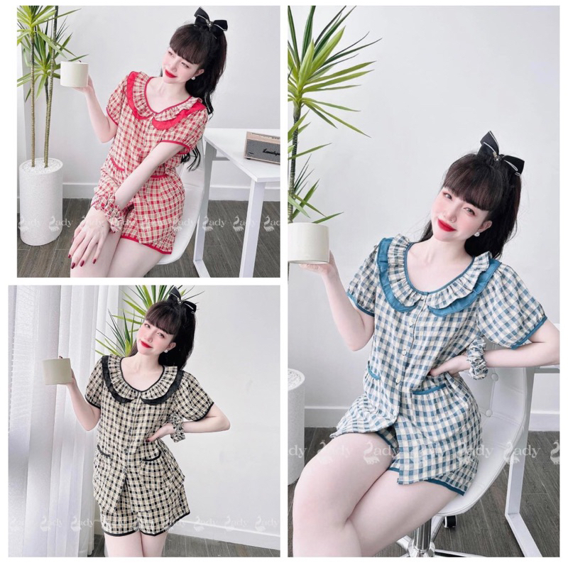 Bộ mặc ngủ nữ set mặc nhà tay ngắn quần ngắn cổ bèo tròn cổ caro chất lụa mango freesize 40-60kg - CHUN'S SLEEPWEAR