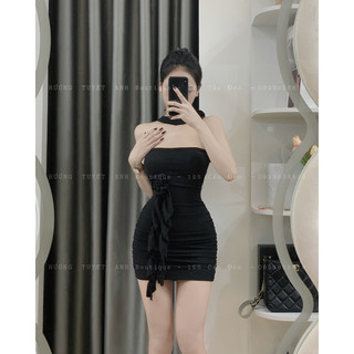 Đầm ống hoa cổ eo tua rua