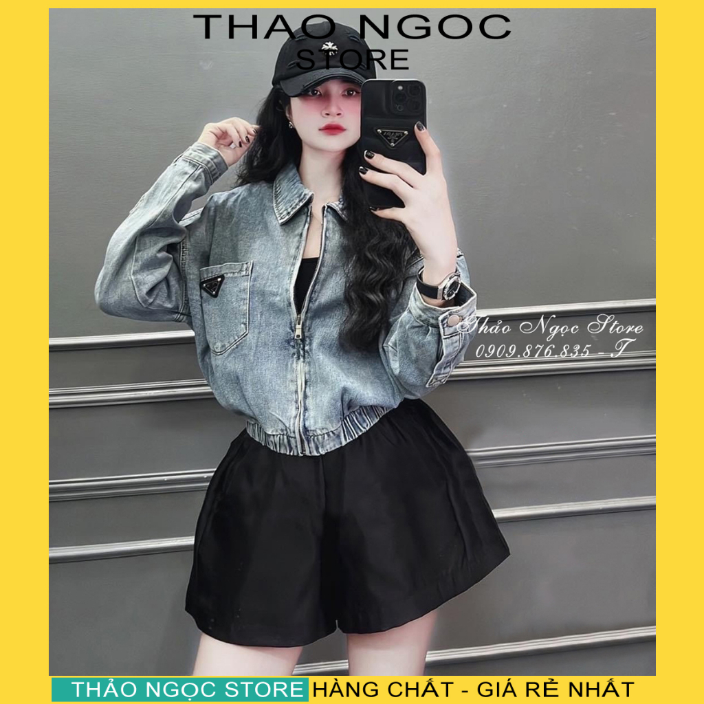 Áo khoác jean dây khóa kéo phối túi tag logo lai bo thun hàng chuẩn! (có sẵn, hình thật) THẢO NGỌC STORE