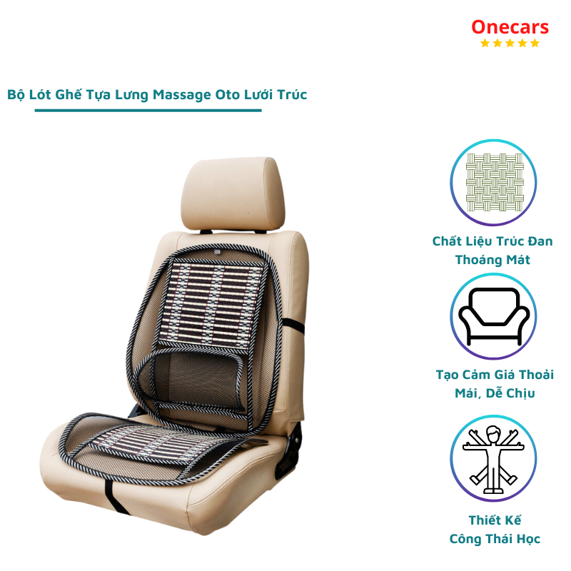 Bộ Lót Ghế Tựa Lưng Ô Tô Lưới Trúc Massage Lưng Chống Mỏi, Chống Nóng Hiệu Quả