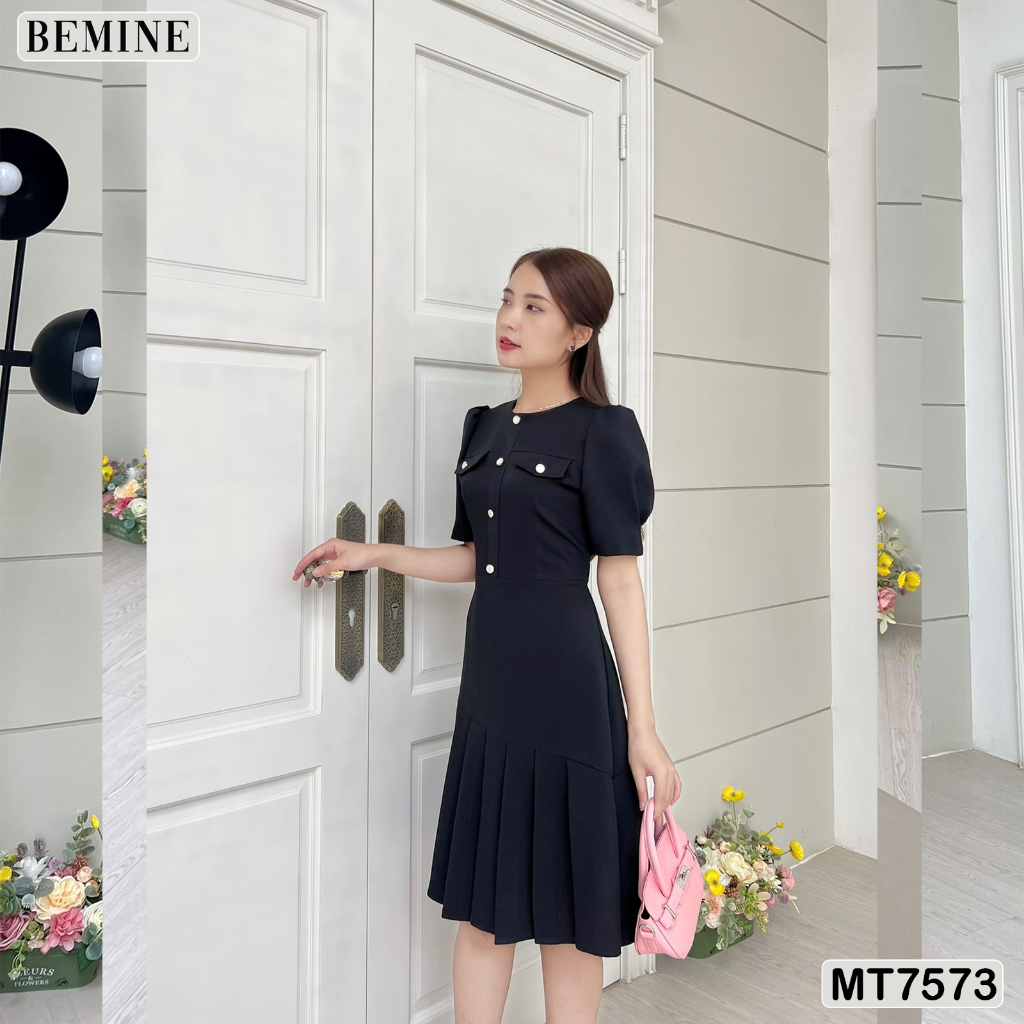 Đầm công sở cổ tròn đính nút tùng xếp ly BEMINE MT7573