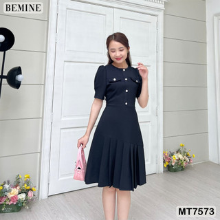 Đầm công sở cổ tròn đính nút tùng xếp ly bemine mt7573