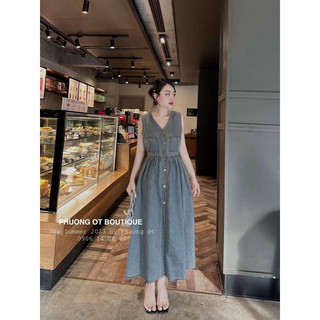 Váy đầm jeans cổ tim maxi kh