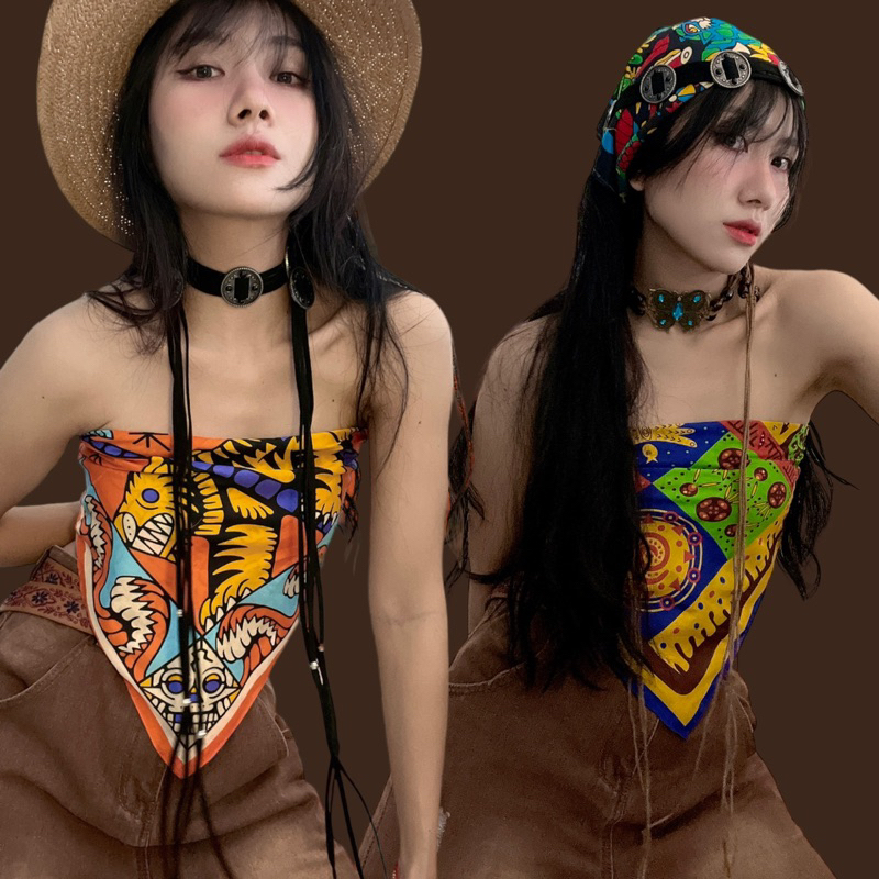 Khăn bandana cartoon màu sắc phong cách vintage cotton size 55x55cm