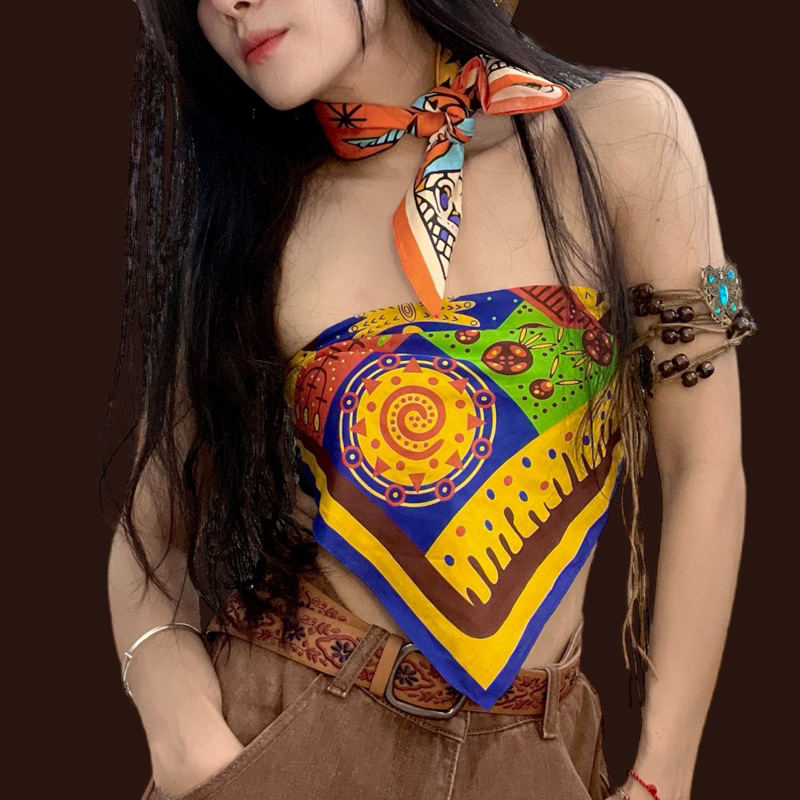 Khăn bandana cartoon màu sắc phong cách vintage cotton size 55x55cm