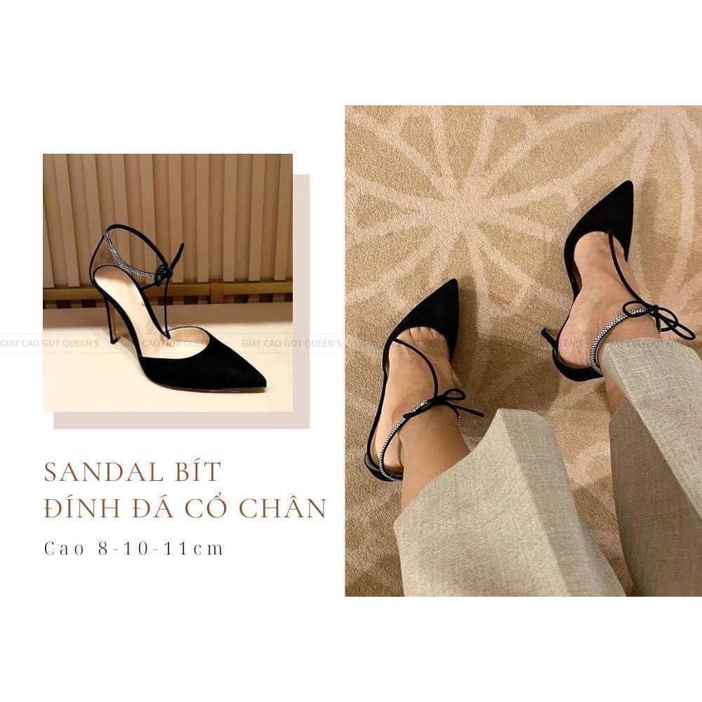 Giày Cao Gót Mũi Nhọn Sandal Den Bít Mũi Dây Đá QUEENS STORE êm sang tôn dáng chắc chân cao 8-10-11P
