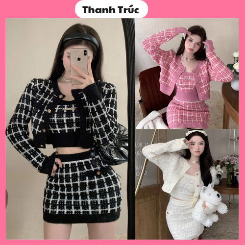 Set áo len 2 dây kèm áo khoác kẻ ngoài set áo 2 dây crotop mix áo cardigan kẻ hàng Quảng Châu
