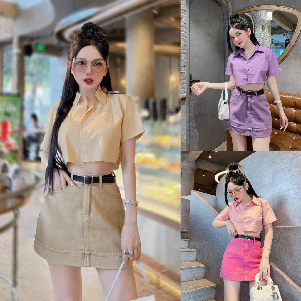 Set bộ đồ nữ áo sơ mi croptop phối chân váy chữ A cùng tone màu siêu cute dành cho các nàng diện đi chơi, hẹn hò xinh