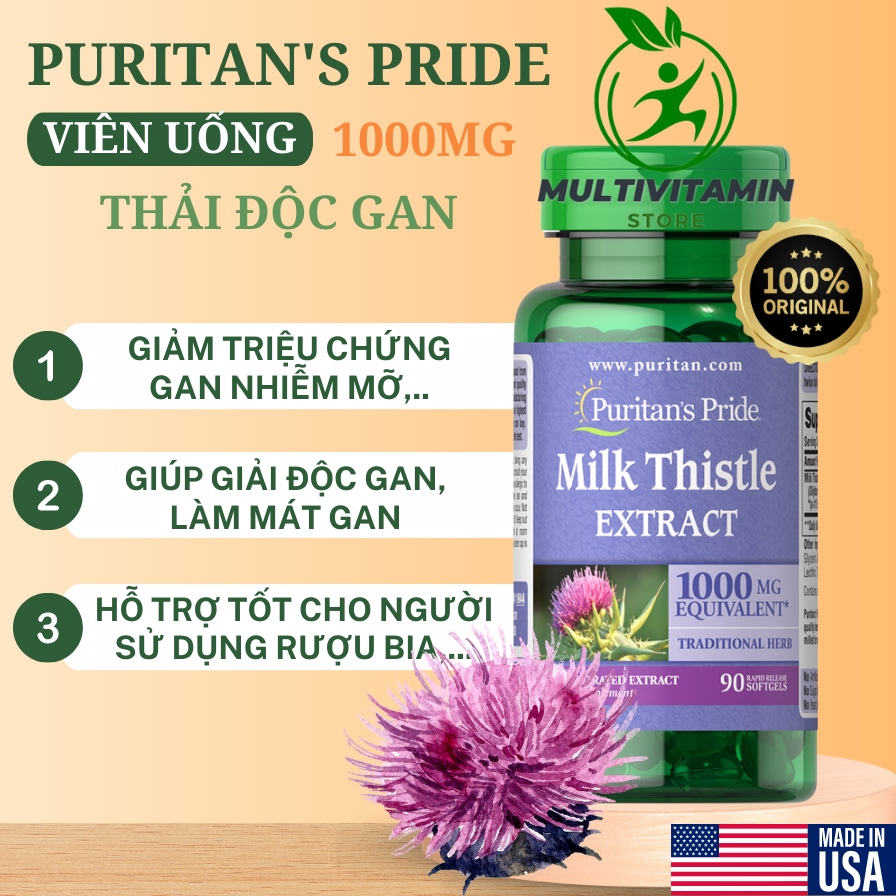 Multivitamin Store - Viên uống bổ gan, thải độc gan Milk Thistle Extract 1000mg Puritan's Pride