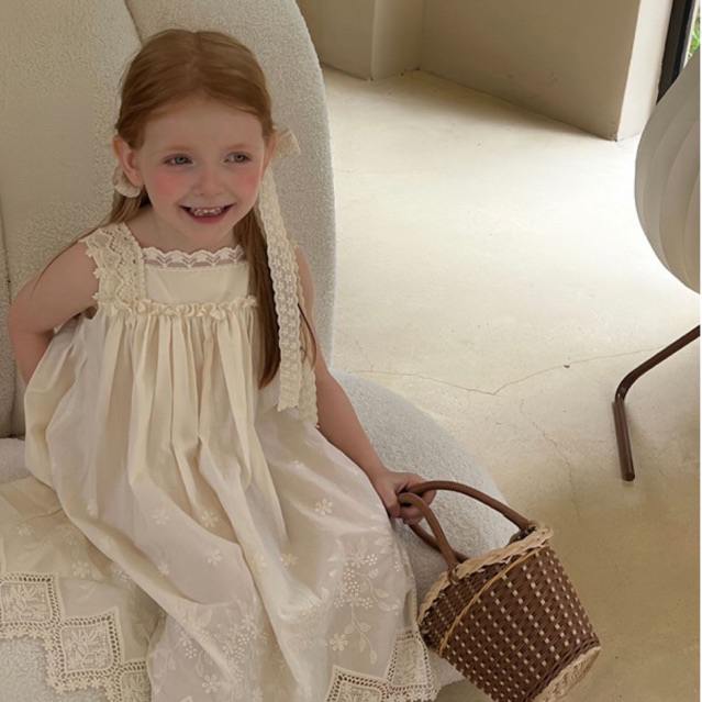 April bébé - Otaly Váy bé gái mùa hè, Váy trắng ren vải thô bé gái, Đầm trẻ em ren thêu