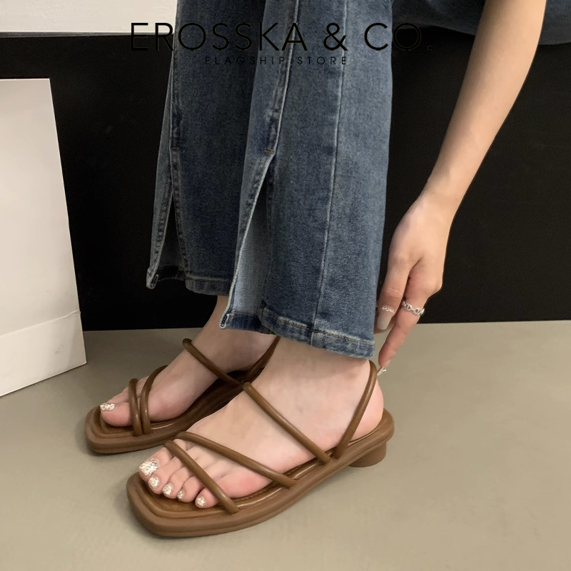 Erosska - Giày sandal nữ mũi vuông phối dây quai mảnh mang được 2 kiểu cao 2cm màu nâu _ EM105