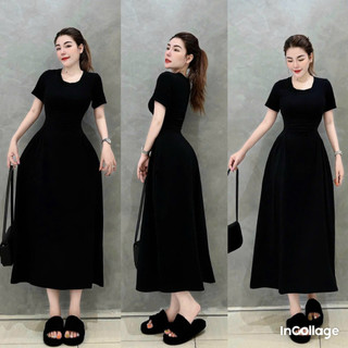 Váy đầm nữ thun gân tay ngắn cổ tròn kiểu dáng váy dài xinh xắn trẻ trung