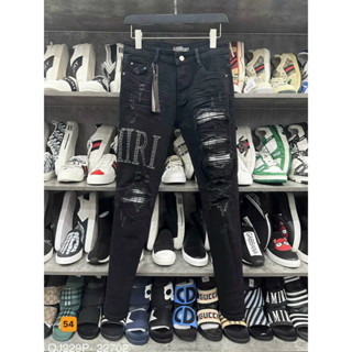 Quần jean Nam Vá Da Cao Cấp Đen Rách Khóa Kéo Khóa Gối AMIRI thời trang