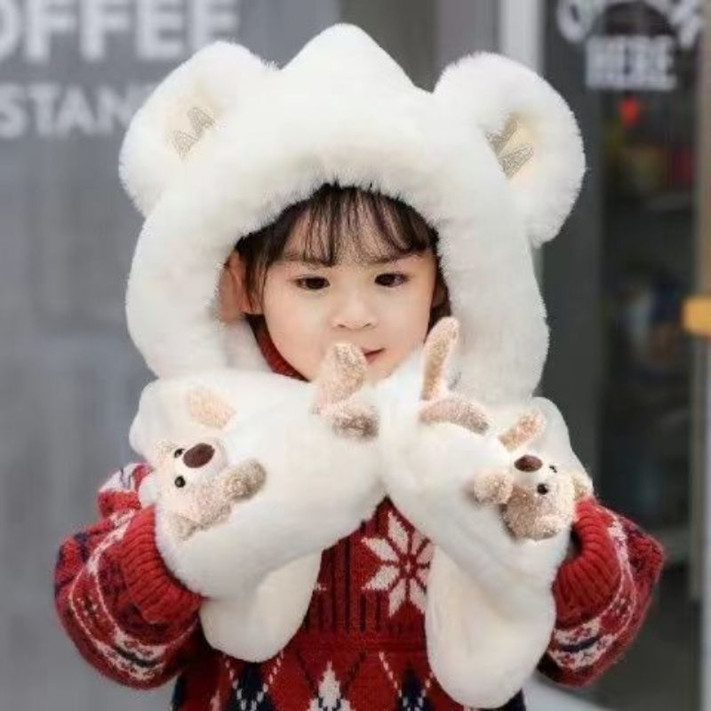 Mũ lông cừu cho bé sét mũ khăn bao tay tặng kèm gấu xinh hàng quảng châu