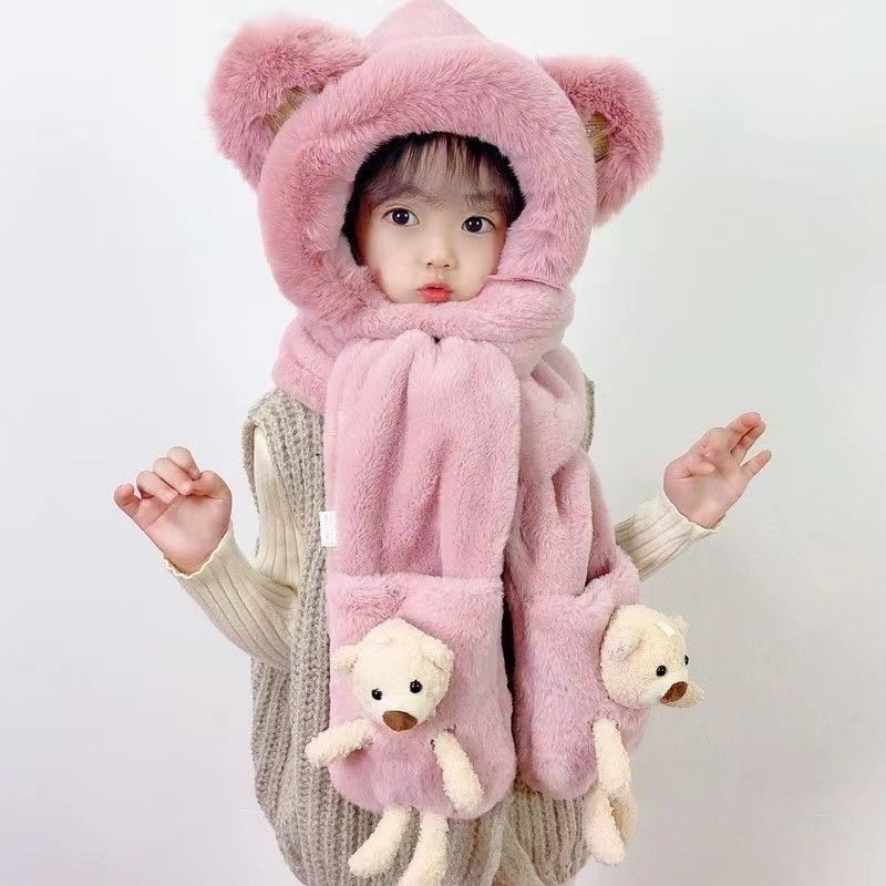 Mũ lông cừu cho bé sét mũ khăn bao tay tặng kèm gấu xinh hàng quảng châu