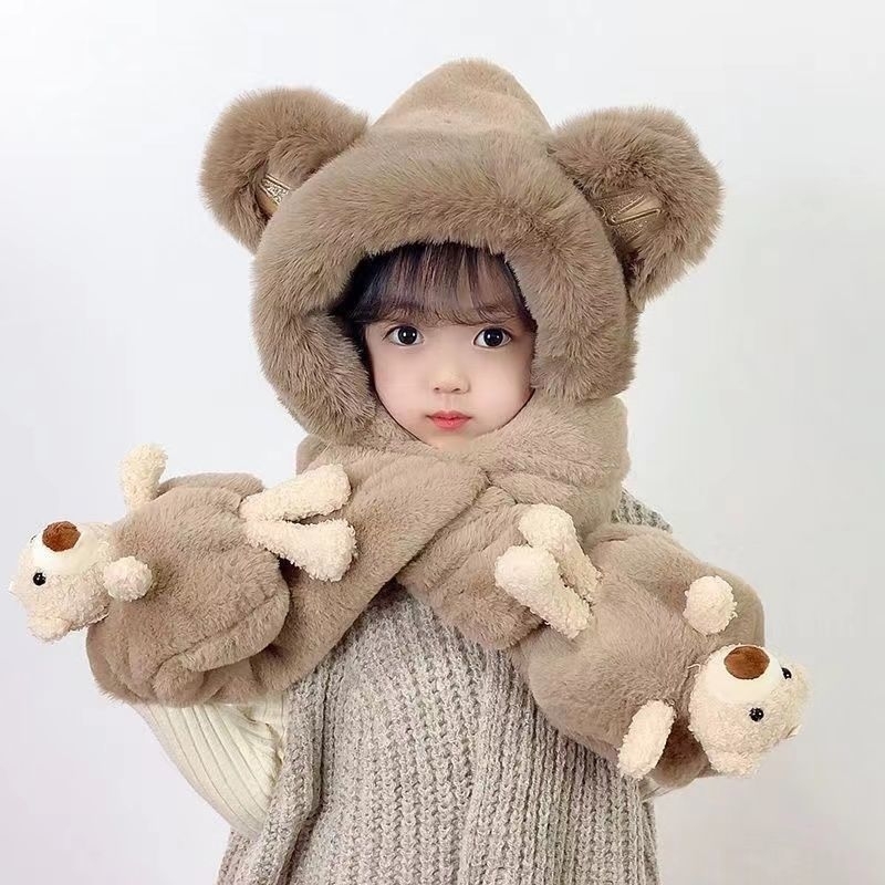 Mũ lông cừu cho bé sét mũ khăn bao tay tặng kèm gấu xinh hàng quảng châu