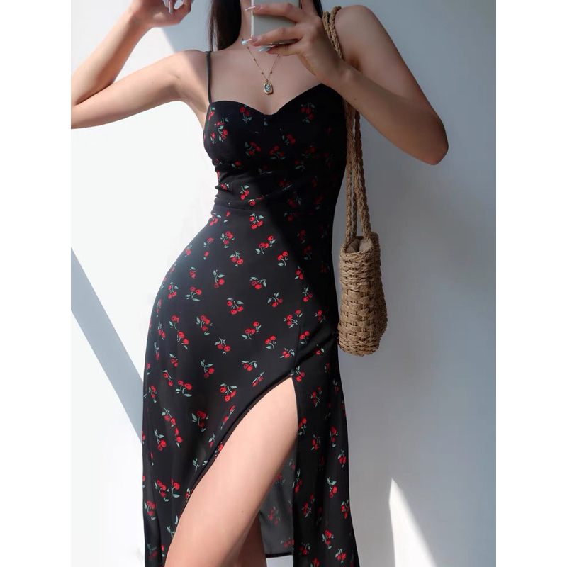 đầm midi  hoa nhỏ cột nơ