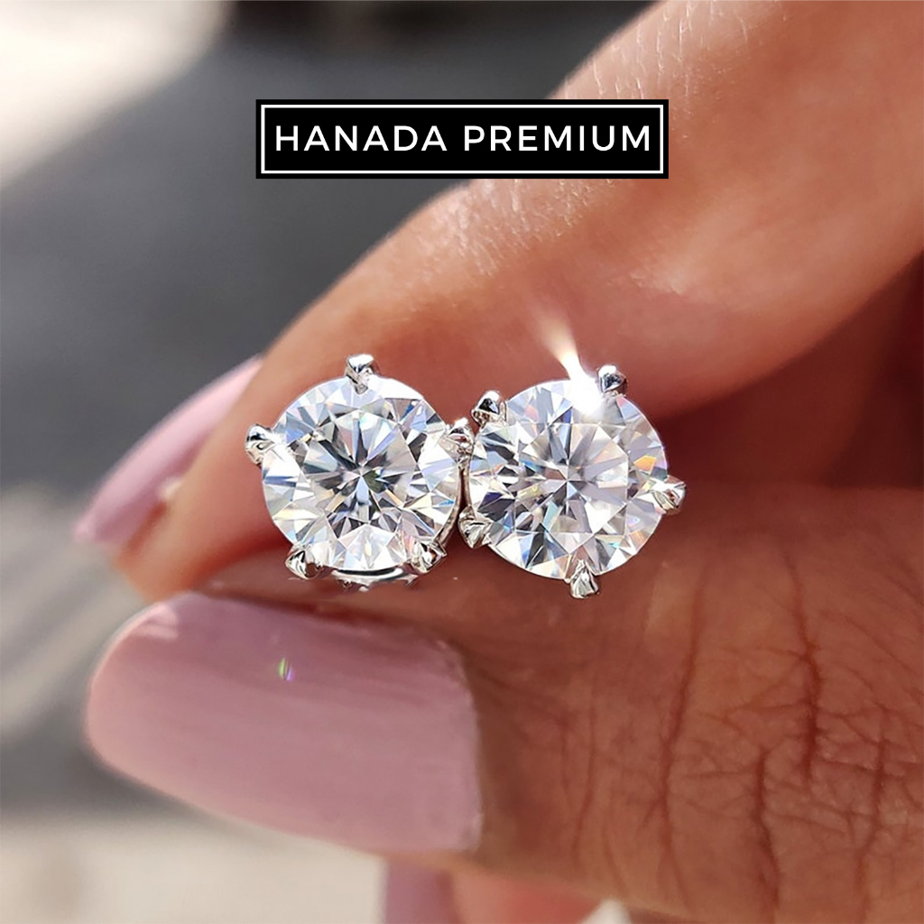Bông Tai Hanada Kim Cương Moissanite 5MM Bạc 925 Phủ Bạch Kim Không Đen Không Mờ Nam Nữ