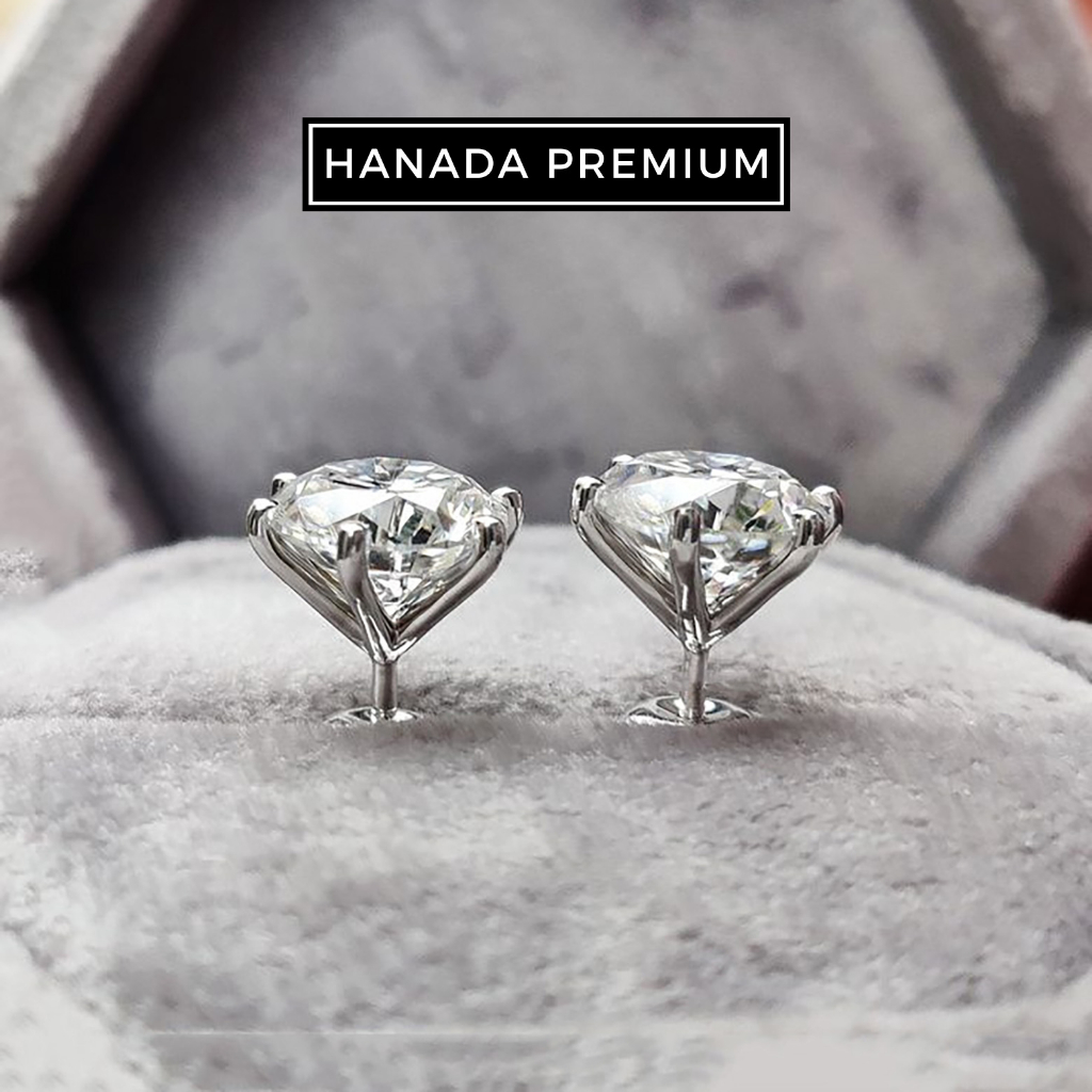 Bông Tai Hanada Kim Cương Moissanite 5MM Bạc 925 Phủ Bạch Kim Không Đen Không Mờ Nam Nữ