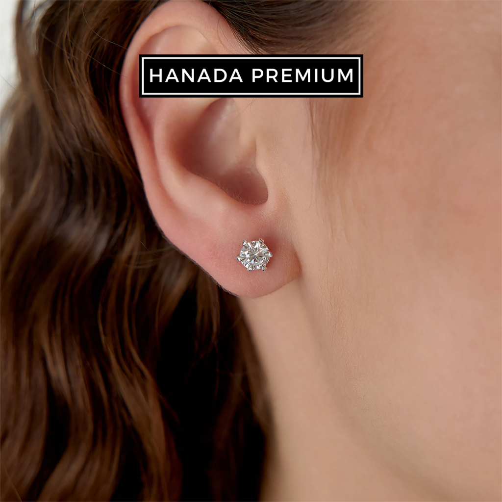 Bông Tai Hanada Kim Cương Moissanite 5MM Bạc 925 Phủ Bạch Kim Không Đen Không Mờ Nam Nữ