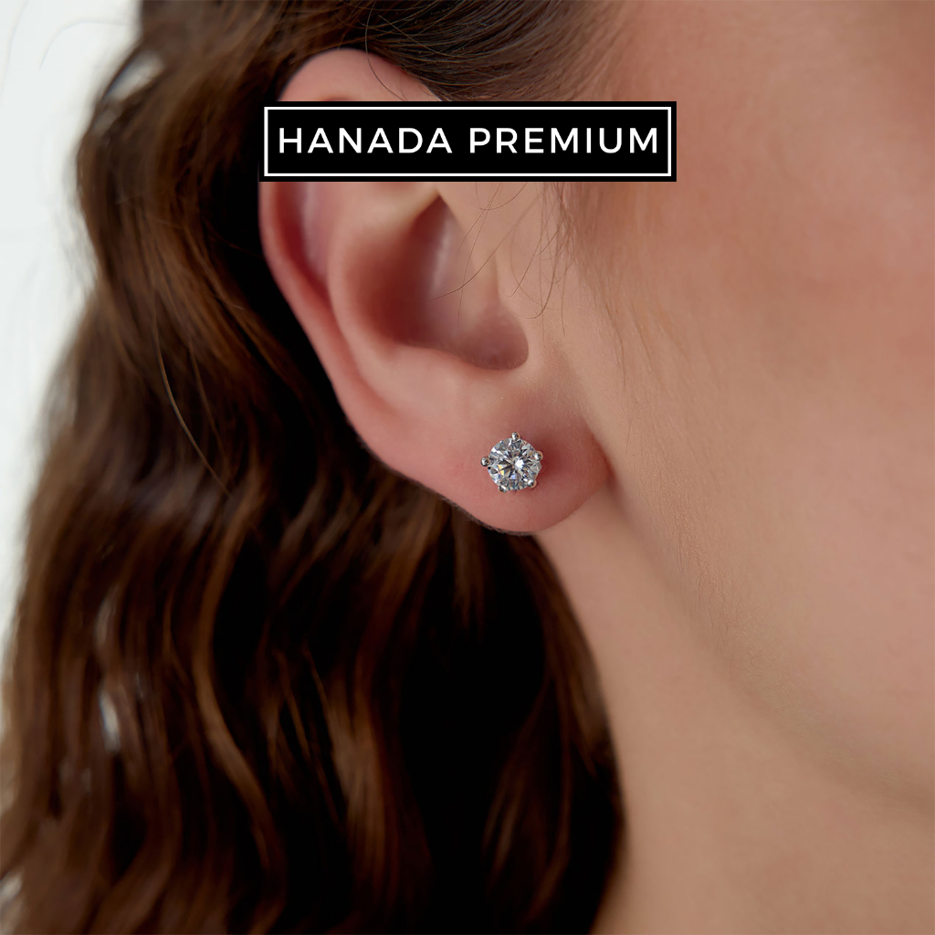 Bông Tai Hanada Kim Cương Moissanite 5MM Bạc 925 Phủ Bạch Kim Không Đen Không Mờ Nam Nữ