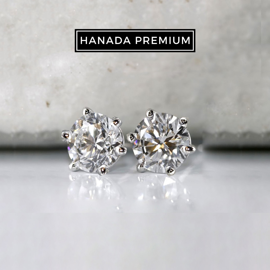 Bông Tai Hanada Kim Cương Moissanite 5MM Bạc 925 Phủ Bạch Kim Không Đen Không Mờ Nam Nữ