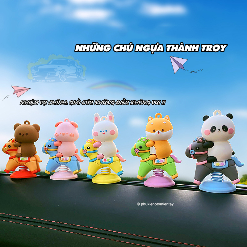 Trang trí ô tô, xe máy, bàn làm việc mô hình Hoạt Hình Ngựa Thành Troy dễ thương, lò xo chuyển động kèm keo dán 3