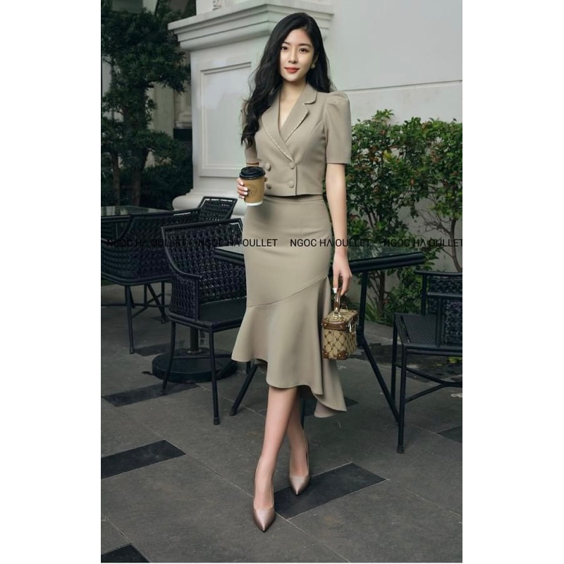 Rập giấy thiết kế, không phải quần áo Rập set bộ công sở nưx áo vest croptop fom ôm và chân váy bút chì rã xoè peplum