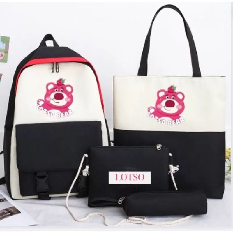 Set 4 món balo, túi thời trang đi học, giá rẻ - hình losto gấu dâu hồng
