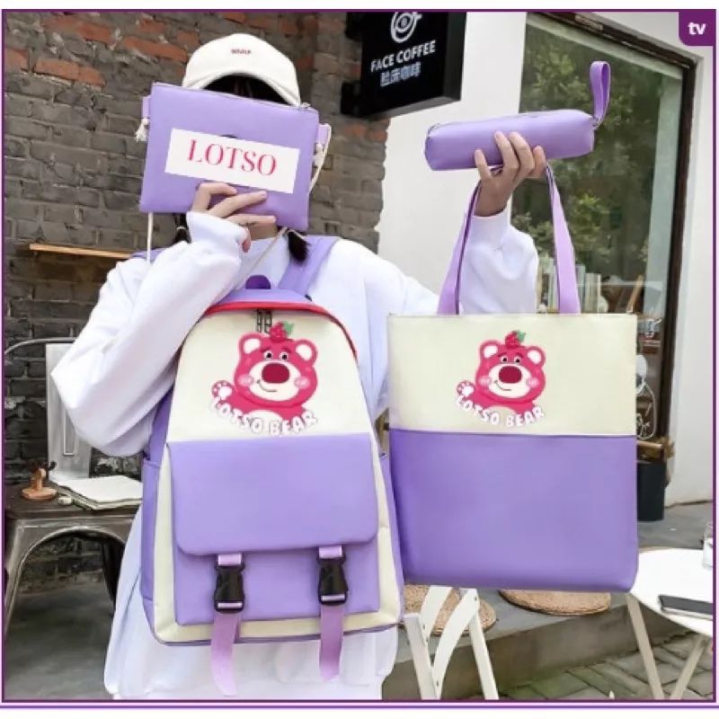 Set 4 món balo, túi thời trang đi học, giá rẻ - hình losto gấu dâu hồng